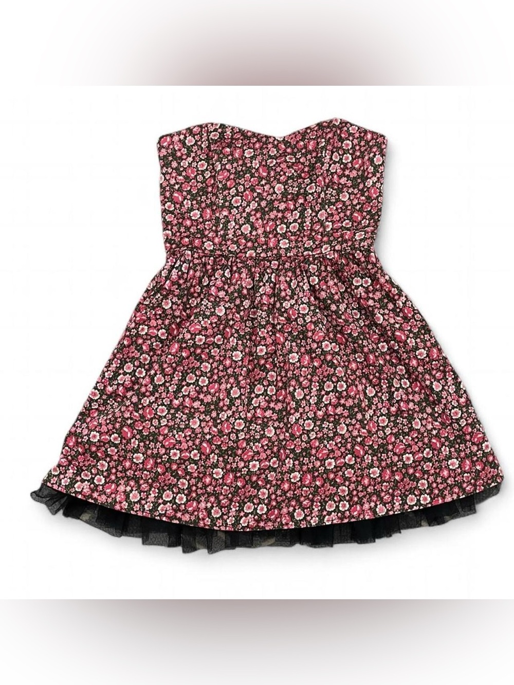 Juniors Floral Strapless Party Dress in Pink and Black M